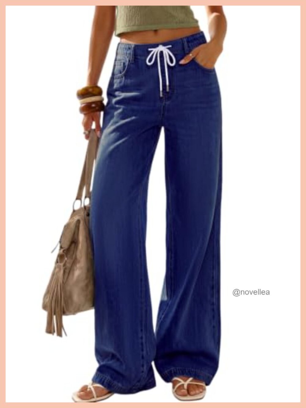 Stretchy High Waisted Wide Leg Jeans with Drawstring for Women Casual Baggy - Picture 1 of 6
